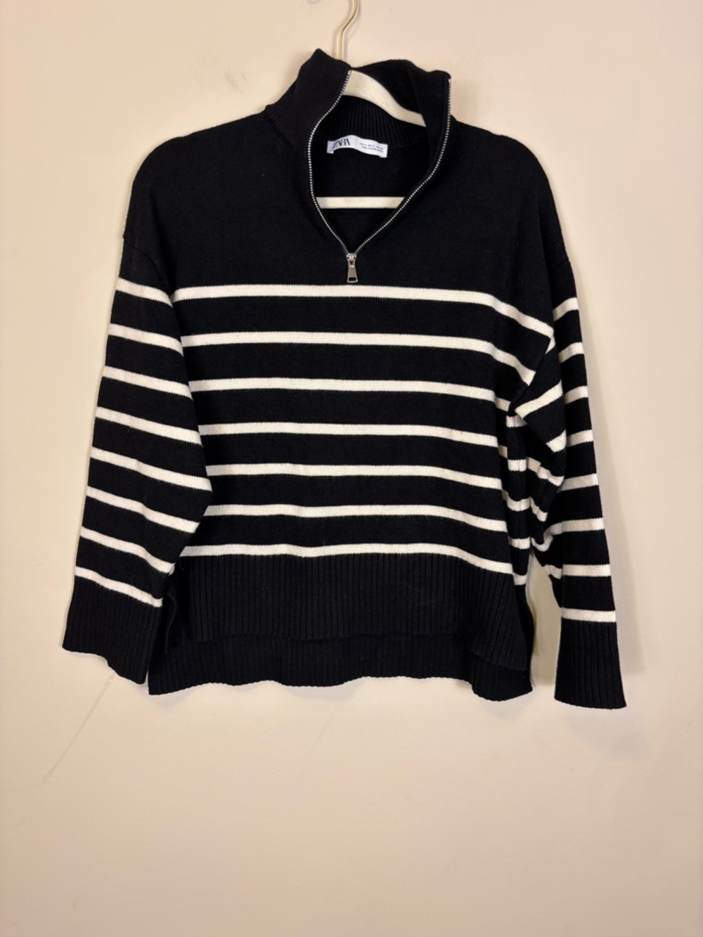 Zara Black and White Striped Quarter Zip Pullover Sweater Medium
